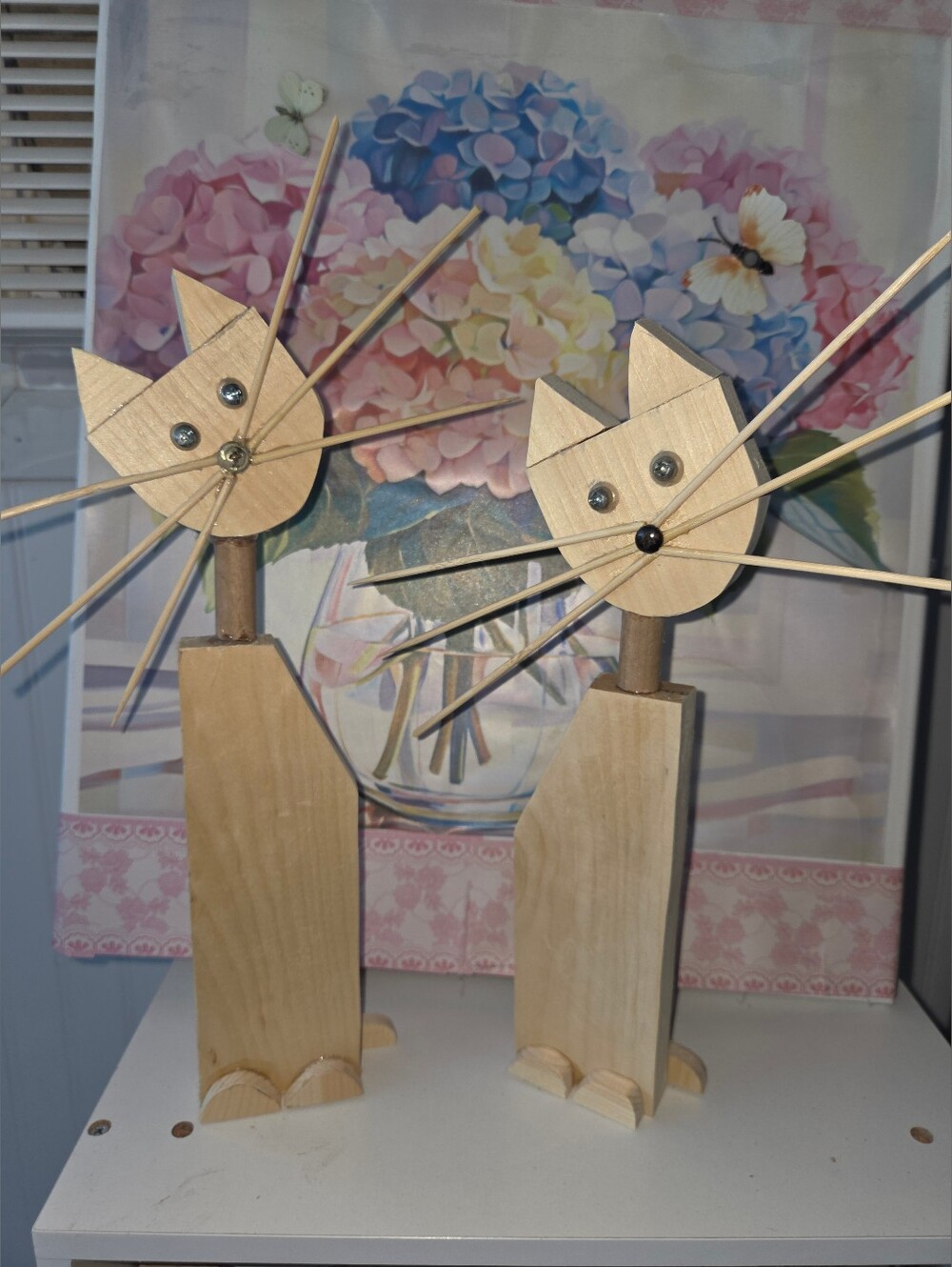 2 Handmade Wooden Cat Sculptures - Natural Wood 12 And 10 In